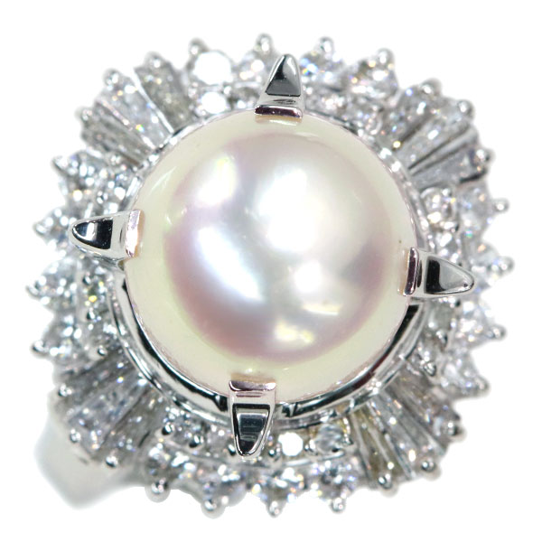世界的に有名な南洋真珠 パール リング 指輪 10.2ミリ位 プラチナ900 PT900 豪華ダイヤ取り巻き ピンクの光沢溢れる  白・透明(ホワイト)  届5 1点もの