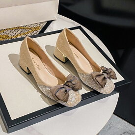 チャンキーヒール パンプス 5センチ 定番 5センチヒール スクエアトゥパンプス ローヒールパンプス 5cm 結婚式 パーティー 二次会 2次会 リボン ラメ ビジュー 履きやすい 歩きやすい おしゃれ 大人 かわいい 可愛い パーティーパンプス レディース靴