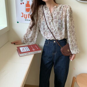 ブラウス レディース 長袖 定番 フリルブラウス フリル 襟 シャツ シアートップス 花柄 前開き トップス おしゃれ 春秋 春 秋 夏 オフィス きれい かわいい きれいめ 大人 可愛い ポリエステ