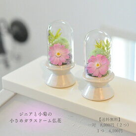 ジニアと小菊のガラスドーム仏花 ペット用仏花 小さめ仏花 ドーム仏花 自然素材 プリザーブドフラワー仏花 ペット用仏花 犬用仏花 猫用仏花 お悔み ミニサイズ ミニ 一対 仏壇用【送料無料】