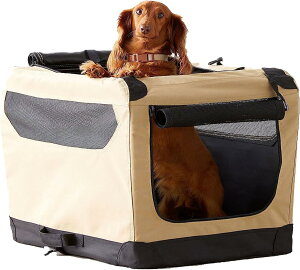 【訳あり】ソフトクレート ケージ ペットキャリー ペットハウス ドライブボックス メッシュ加工 鉄骨 猫犬兼用 折りたたみ式 アウトドア 防災 洗濯可能 (カーキ, 53x38x38 cm) B0CYJ9NDNZ