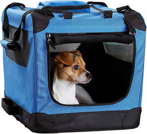 【訳あり】ソフトクレート ケージ ペットキャリー ペットハウス ドライブボックス メッシュ加工 鉄骨 猫犬兼用 折りたたみ式 アウトドア 防災 洗濯可能 (ブルー, 53x38x38 cm) B0CYHXWCN9