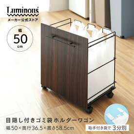 【新商品】＼3分別! こだわりのウッドシートの目隠し／ ゴミ袋ホルダー 幅50 ごみ袋ワゴン ダストワゴン ダストラック ごみ袋 おしゃれ レジ袋 キャスター付き キッチン ごみ袋収納 分別可能 シンプル ペールワゴン ごみ袋掛け カウンター下 キッチン下 移動式 LPW50