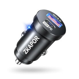 ZKAPOR シガーソケットUSB-C & USBPD45W+QC3.0急速充電 カーチャージャー usb 2ポート 全金属製 軽量 車載充電器