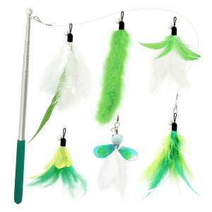 SONGWAY 猫おもちゃ ねこじゃらし羽 昆虫 ふわふわ 緑系羽根 頑丈な釣り竿付き
