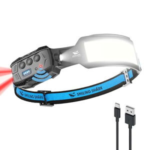 Smiling Shark �w�b�h���C�g LED��&�ԃw�b�h���C�g 1����USB�[�d�� 7�{���P�x�Ɩ� 4000 mAh �����Ԏg�p �l���Z��
