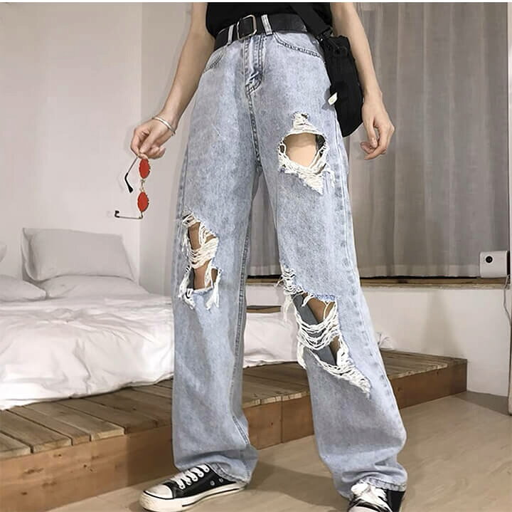 楽天市場】2A34ダメージデニムパンツ レディース サイドダメージワイド  