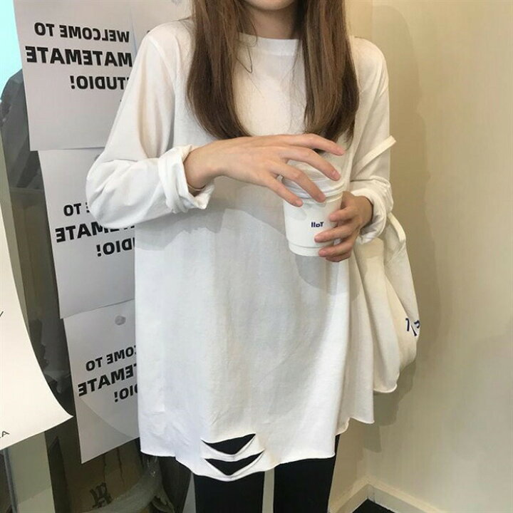 楽天市場】2A41 裾ダメージロングTシャツ 長袖 ルーズホール 穴あき 