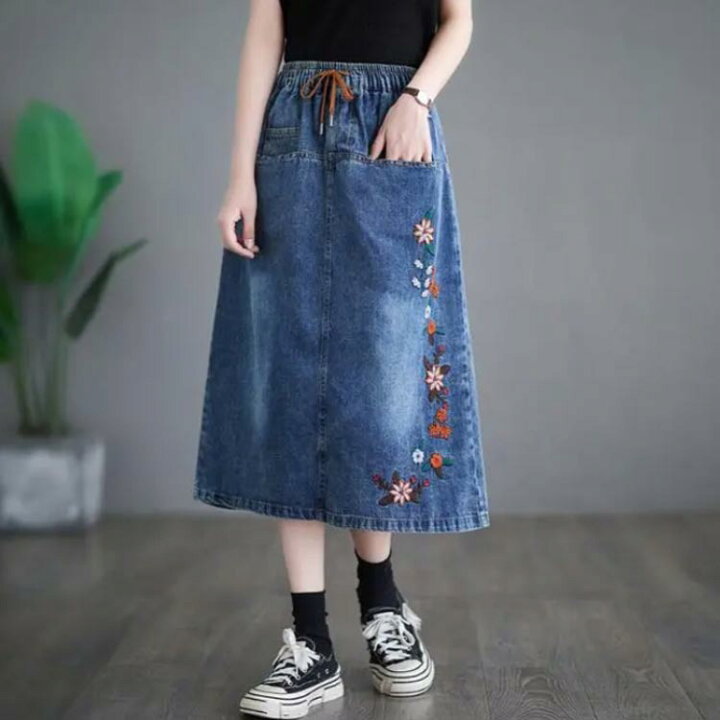 楽天市場】送料無料 デニムスカート 刺繍 ロングスカート デニム  
