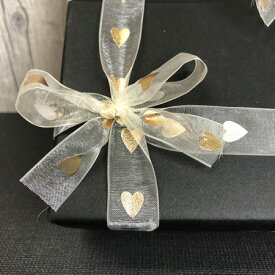 【ルナリボン】H23 ハイライン23 ゴールドハート柄　細巾オーガンジーリボン　9M/巻