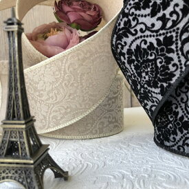 【ルナリボン】3632　ダマスク2　63mm x 9m巻 布リボン　ワイヤー入り