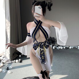 【即納】SENMHS 花魁 和風 コスプレ レディース セクシー 着物風 前開き ミニ丈 ボディコン 3点セット ネイビー ハロウィン