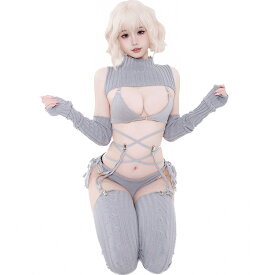 【1000円OFFクーポン配布中】SENMHS 童貞を殺すセーター ロリータ ニット ビキニ セーター セクシー ハイネック ファッション おもしろ コスプレ服 コスチューム 団子少女風 コスチューム イベント パーティー 変装 仮装 撮影 レディース ガーター グレー
