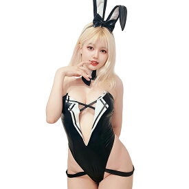 【即納】SENMHS 逆バニー セクシー バニーガール コスプレ 5点セット（カチューシャ＋ボディスーツ＋リボン＋リストバンド×2＋カラー）PUレザー ランジェリー ボンテージ風 可愛い 仮装 ハロウィン 撮影 レディース ブラック