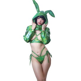 【オリジナルデザイン】SENMHS おっばい丸出しすけべバニーガール 逆バニー シースルー バニーガール コスプレ セクシー 小悪魔 うさぎ コスチューム レオタード 仮装 ハイレグ 大胆 うさぎ耳 カチューシャ パーティー レディース グリーン