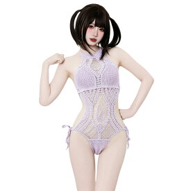 【即納】SENMHS セクシー ニット レオタード コスプレ レディース 透かし編み ビキニ風 ワンピース ボヘミアン風 水着 温泉 プール 撮影会 可愛い 調節可能ストラップ 紫