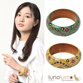 アメリカ製 ブレスレット バングル ウッド 木 天然素材 エスニック 花 フラワー 緑 イエロー I