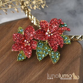 クリスマス ブローチ ポインセチア 花 フラワー キラキラ ラインストーン 豪華 高見え プレゼント B