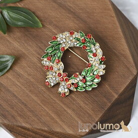 クリスマス ブローチ クリスマスリース ベル ツインベル キラキラ ラインストーン 赤 緑 プレゼント B