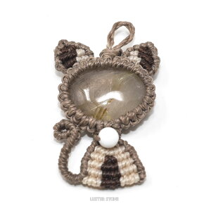 マクラメ マクラメ編み ルチルクォーツ マザーオブパール ストラップ付き ねこネコ 猫 にゃんこ 天然石 パワーストーン プレゼント 開運 ギフト