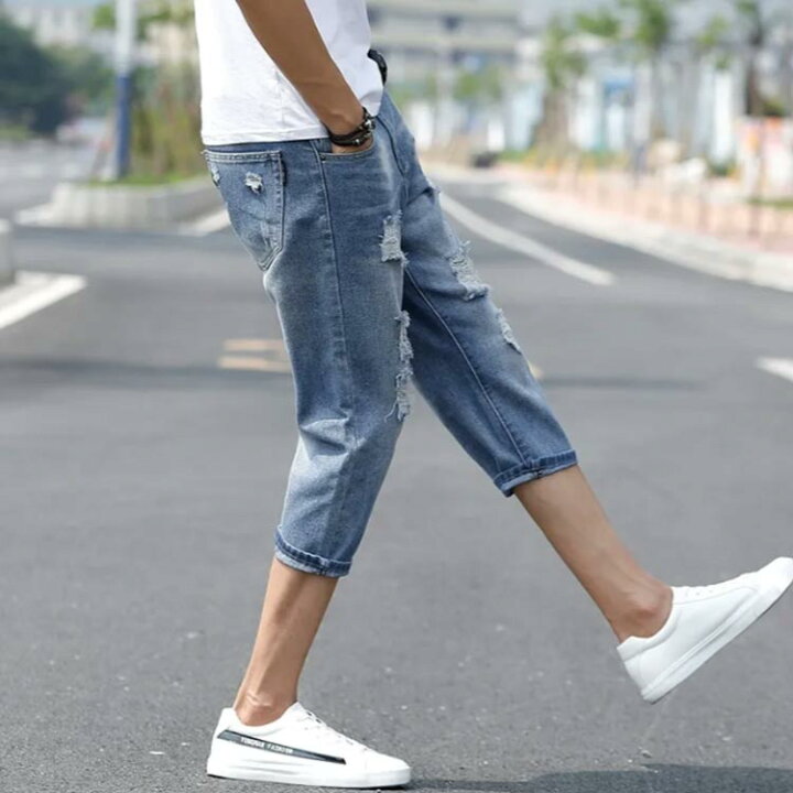 楽天市場】デニム ハーフパンツ 膝下丈 ダメージ メンズ デニム 