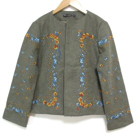 【中古】 美品 45R フォーティファイブアール ku・Ra・si ウール100％ フラワー刺? ノーカラージャケット サイズ3 グレーカーキ系 レディース Luxs ブランド古着のリュクス