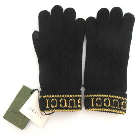【中古】 新品 未使用 21AW GUCCI グッチ ニット×ラムレザー レターロゴ メンズ グローブ 手袋 S 200/100 20.5cm ブラック×イエロー メンズ Luxs ブランド古着のリュクス