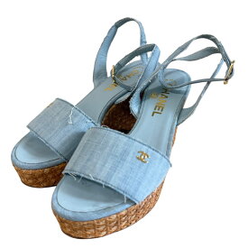 【中古】美品 CHANEL シャネル ココマーク オープントゥ アンクルストラップ ウェッジソール サンダル 34 1/2 21.5cm相当 ブルー レディース Luxs ブランド古着のリュクス