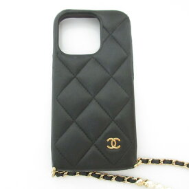 【中古】 CHANEL シャネル ラムスキン マトラッセ パールチェーン iPhone14 アイフォンケース ブラック レディース Luxs ブランド古着のリュクス