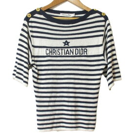 【中古】美品 24SS Christian Dior クリスチャンディオール カシミヤ シルク ロゴ ボーダー柄 ニットカットソー 414S83AM729 34 ネイビー レディース Luxs ブランド古着のリュクス