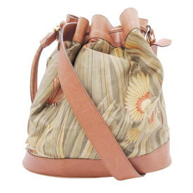 【中古】良品 Salvatore Ferragamo サルヴァトーレフェラガモ 巾着型 ショルダーバッグ ハンドバッグ カバン 鞄 総柄 ボタニカル柄 茶×緑 レディース Luxs ブランド古着のリュクス