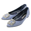 【中古】良品 MANOLO BLAHNIK マノロブラニク ハンギシ ギンガムチェック ポインテッドトゥ フラットパンプス サイズ37 約24cm ブルー レディース Luxs ブランド古着のリュクス