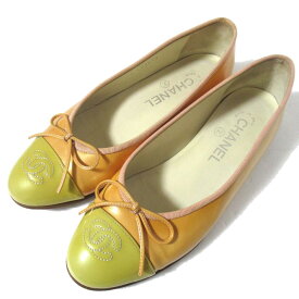 【中古】美品 CHANEL シャネル ココマーク リボン パテントレザー フラットシューズ パンプス C02819 36.5C 約23.5cm オレンジ×イエロー レディース Luxs ブランド古着のリュクス