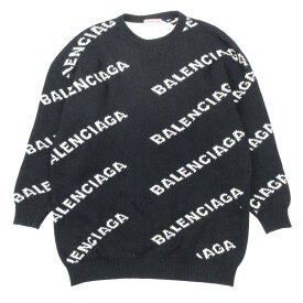 【中古】良品 19AW BALENCIAGA バレンシアガ ロゴ総柄 ジャガード セーター ニット プルオーバー トップス クルーネック S ブラック ホワイト メンズ Luxs ブランド古着のリュクス