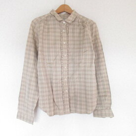 【中古】美品 MARGARET HOWELL マーガレットハウエル チェック柄 長袖 フリルシャツ ブラウス 3 ベージュ レディース Luxs ブランド古着のリュクス