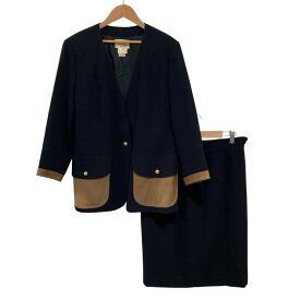 【中古】良品 HERMES エルメス レザーインサート ノーカラージャケット スカート セットアップ 42 ネイビー レディース Luxs ブランド古着のリュクス
