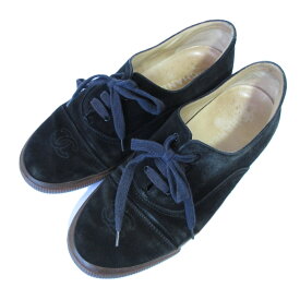 【中古】良品 CHANEL シャネル スエード ココマークスニーカー レースアップフラットシューズ 38 24cm相当 ブラック レディース Luxs ブランド古着のリュクス