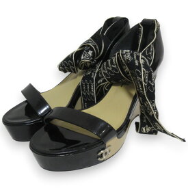 【中古】新品同様 CHANEL シャネル パテントレザー プラットフォーム リボンアンクルストラップ ヒールサンダル 37.5 約24.5cm ブラック×ベージュ レディース Luxs ブランド古着のリュクス