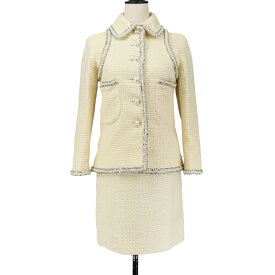 【中古】美品 CHANEL シャネル フェイクパールココマークボタン ツイードジャケット スカート セットアップ サイズ34 アイボリー レディース Luxs ブランド古着のリュクス