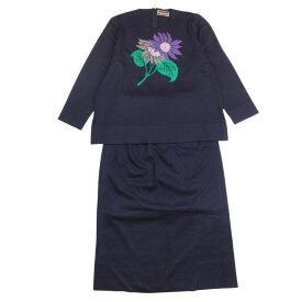 【中古】美品 トヨコサイトウ 斎藤都世子 バックジップ ニット セーター 花柄 ロング スカート セットアップ 紺 ネイビー レディース Luxs ブランド古着のリュクス
