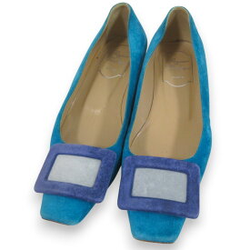 【中古】美品 Roger Vivier ロジェヴィヴィエ スエード スクエアトゥ フラットパンプス サイズ34.5 約21.5cm ブルー系 レディース Luxs ブランド古着のリュクス