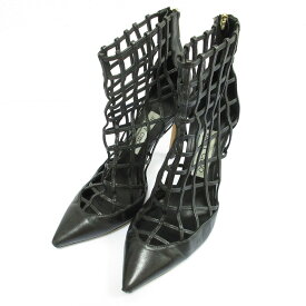 【中古】良品 JIMMY CHOO ジミーチュウ メッシュ レザー ブーティ ショートブーツ サイズ37 24cm相当 ブラック レディース Luxs ブランド古着のリュクス