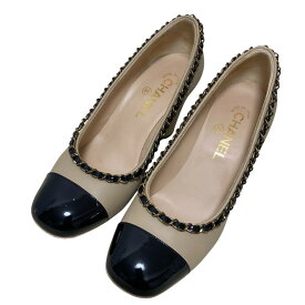 【中古】良品 CHANEL シャネル チェーン装飾 バイカラー パンプス G32887 サイズ37C 約23.5cm ベージュ レディース Luxs ブランド古着のリュクス