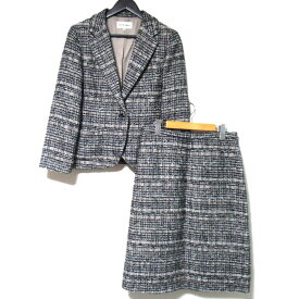 【中古】美品 HANAE MORI ハナエモリ ツイード テーラードジャケット+スカート セットアップ サイズ42 ブラック×ベージュ レディース Luxs ブランド古着のリュクス