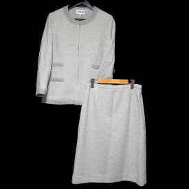 【中古】美品 HANAE MORI ハナエモリ ツイード ノーカラージャケット+スカート セットアップ サイズ42 ベージュ レディース Luxs ブランド古着のリュクス