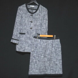 【中古】美品 HANAE MORI ハナエモリ ツイード ノーカラージャケット+スカート スーツ セットアップ サイズ40/42 ネイビー ホワイト レディース Luxs ブランド古着のリュクス