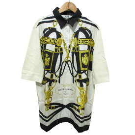 【中古】美品 クリーニング済 HERMES エルメス BRIDES DE GALA ツイルレーヌ ハーフスリーブポロシャツ L ホワイト ブラック レディース Luxs ブランド古着のリュクス