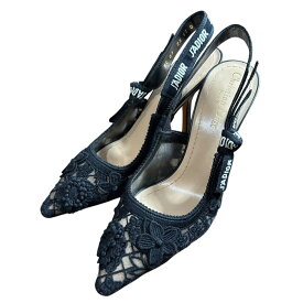 【中古】美品 Christian Dior クリスチャンディオール フラワーレース スリングバックパンプス 37 24cm ブラック レディース Luxs ブランド古着のリュクス