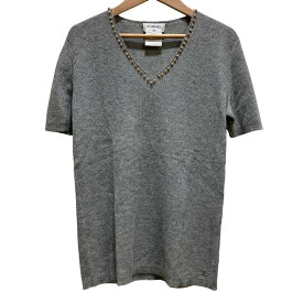 【中古】美品 99P CHANEL シャネル パールVネック カシミヤ 半袖ニットカットソー P12571 SIZE40 グレー レディース Luxs ブランド古着のリュクス