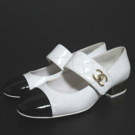 【中古】美品 23P CHANEL シャネル ココマーク ターンロック メリージェーン パンプス G39732 38C 24cm ホワイト×ブラック×ゴールド レディース Luxs ブランド古着のリュクス